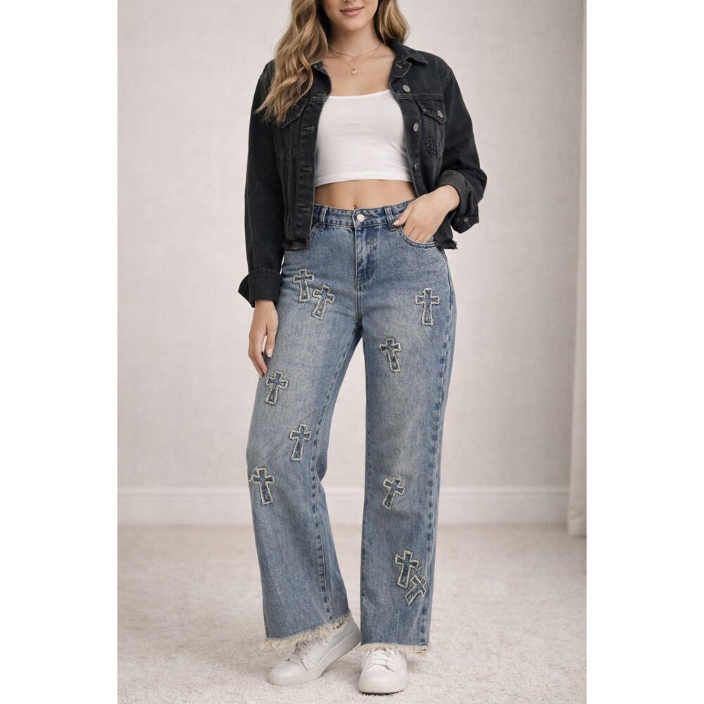 Austin Landing Cross Patch Denim Jeans Juniors 5 Y2K Grunge Gothic Frayed Hem